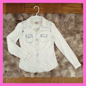 Women Acid Wash Denim Button Down Shirt Longsleeve Light Blue White Cotton YMI